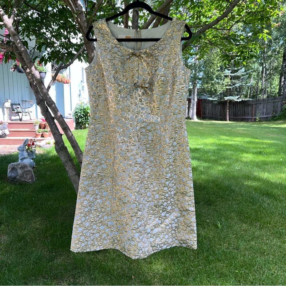 Vintage Carol Brent Gold Floral Sleeveless Dress Bows British Hong Kong Size 16